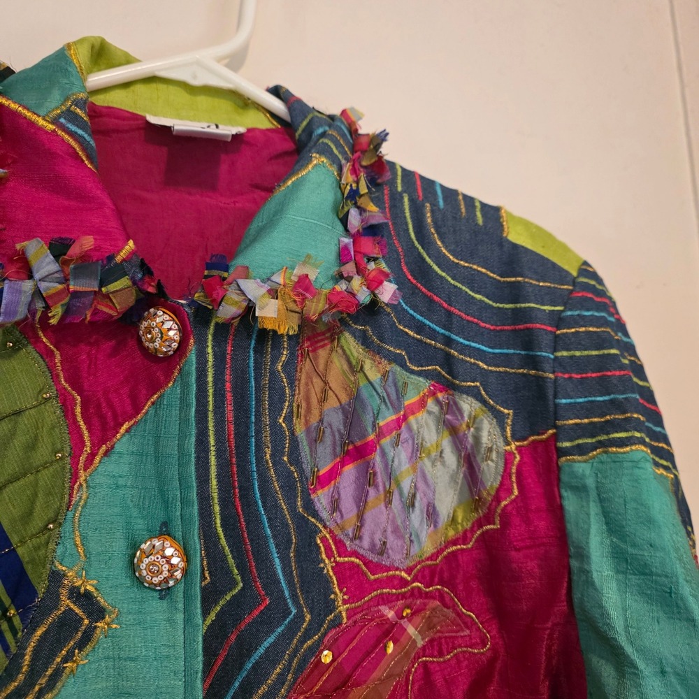 Anage Womens Patchwork Jacket Small Boho Embroidered Colorful Art Silk Festival - Picture 2 of 8